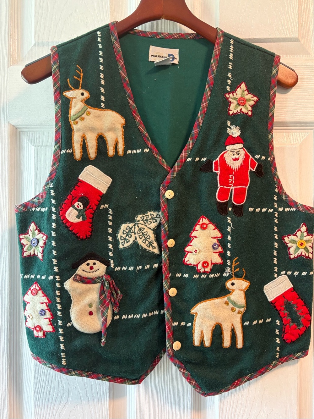 Paul Harris Green Holiday Vest with Festive Appliqués wool
